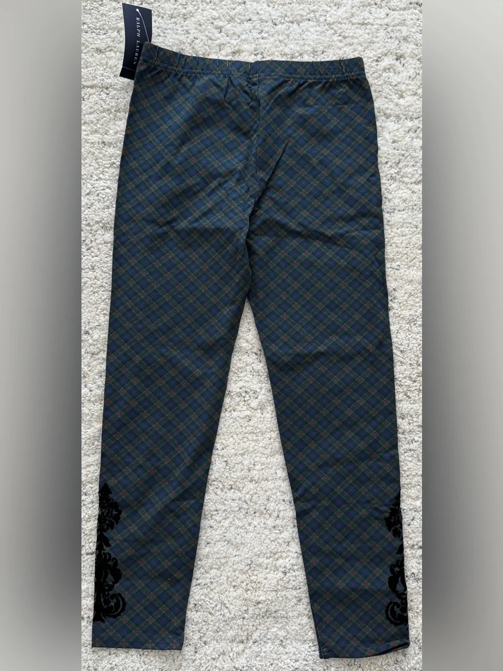 NWT Ralph Lauren Girls Leggings Plaid Navy Green Velvet Trim Size M 8-10 8 10